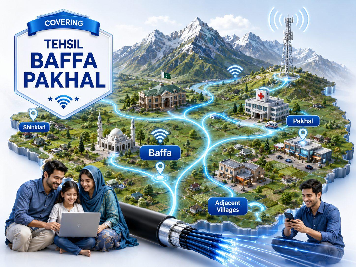 Illustrated Rumi and Jojo Communications coverage network across Baffa, Shinkiari, Pakhal and adjacent villages